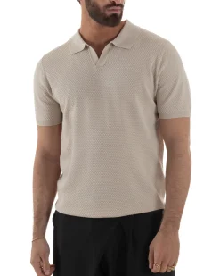 Polo uomo filo maglia traforata colletto t-shirt sottogiacca scollo v beige GIOSAL-TS3214A