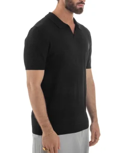 Polo uomo filo maglia traforata colletto t-shirt sottogiacca scollo v nero GIOSAL-TS3216A