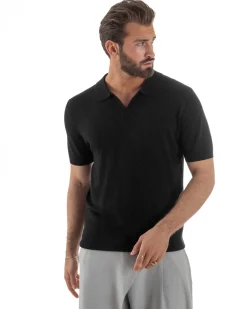 Polo uomo filo maglia traforata colletto t-shirt sottogiacca scollo v nero GIOSAL-TS3216A