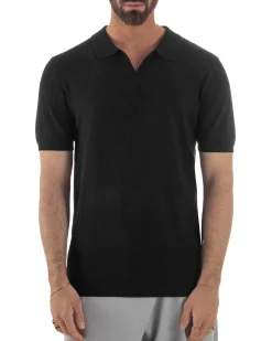 Polo uomo filo maglia traforata colletto t-shirt sottogiacca scollo v nero GIOSAL-TS3216A