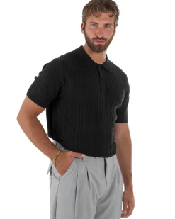 Polo uomo filo maglia trecce colletto con bottoni t-shirt sottogiacca elegante nero GIOSAL-TS3315A