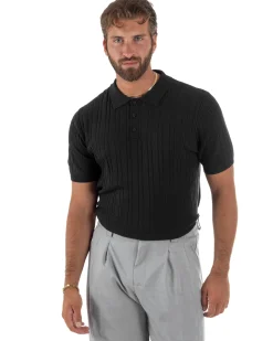 Polo uomo filo maglia trecce colletto con bottoni t-shirt sottogiacca elegante nero GIOSAL-TS3315A