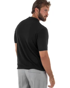 Polo uomo filo maglia trecce colletto con bottoni t-shirt sottogiacca elegante nero GIOSAL-TS3315A