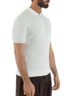 Polo uomo filo maglia trecce colletto con zip t-shirt sottogiacca leggera bianco GIOSAL-TS3226A