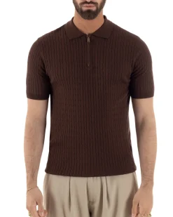 Polo uomo filo maglia trecce colletto con zip t-shirt sottogiacca leggera marrone GIOSAL-TS3224A