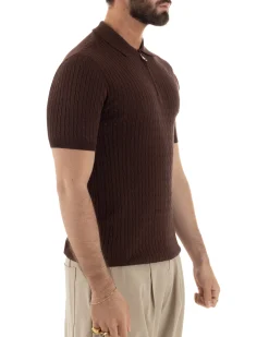 Polo uomo filo maglia trecce colletto con zip t-shirt sottogiacca leggera marrone GIOSAL-TS3224A