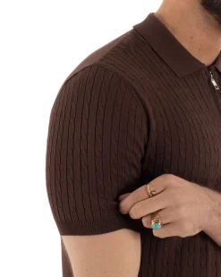 Polo uomo filo maglia trecce colletto con zip t-shirt sottogiacca leggera marrone GIOSAL-TS3224A