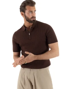 Polo uomo filo maglia trecce colletto con zip t-shirt sottogiacca leggera marrone GIOSAL-TS3224A
