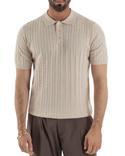 Polo uomo filo maglia trecce colletto con bottoni t-shirt sottogiacca beige GIOSAL-TS3268A