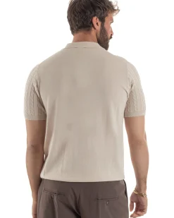 Polo uomo filo maglia trecce colletto con bottoni t-shirt sottogiacca beige GIOSAL-TS3268A