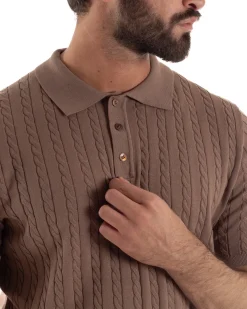 Polo uomo filo maglia trecce colletto con bottoni t-shirt sottogiacca marrone GIOSAL-TS3269A