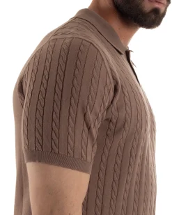 Polo uomo filo maglia trecce colletto con bottoni t-shirt sottogiacca marrone GIOSAL-TS3269A
