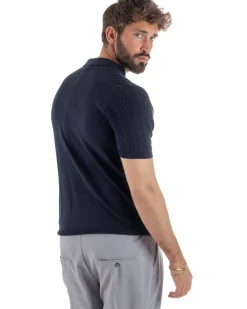 Polo uomo filo maglia trecce colletto con bottoni t-shirt sottogiacca blu GIOSAL-TS3270A