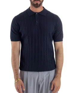 Polo uomo filo maglia trecce colletto con bottoni t-shirt sottogiacca blu GIOSAL-TS3270A