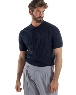 Polo uomo filo maglia trecce colletto con bottoni t-shirt sottogiacca blu GIOSAL-TS3270A