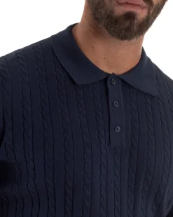 Polo uomo filo maglia trecce colletto con bottoni t-shirt sottogiacca blu GIOSAL-TS3270A