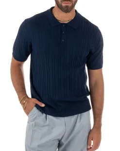 Polo uomo filo maglia trecce colletto con bottoni t-shirt sottogiacca elegante blu GIOSAL-TS3316A