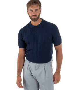 Polo uomo filo maglia trecce colletto con bottoni t-shirt sottogiacca elegante blu GIOSAL-TS3316A