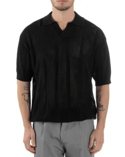Polo Uomo Filo Traforata Scollo V T-Shirt Con Colletto Maniche Corte Lavorata Oversize Spalle Scese Nero GIOSAL-TS3115A