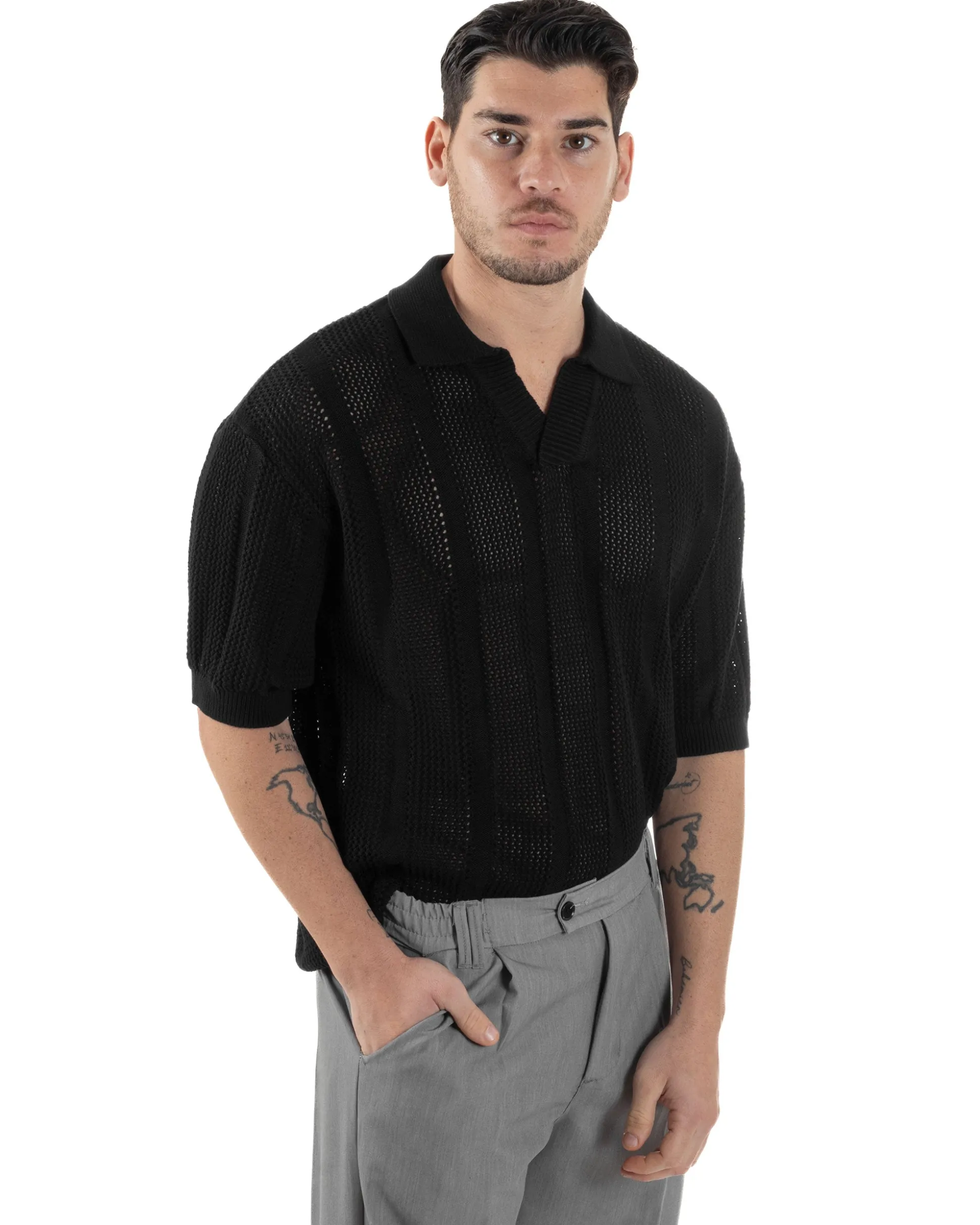 Polo Uomo Filo Traforata Scollo V T-Shirt Con Colletto Maniche Corte Lavorata Oversize Spalle Scese Nero GIOSAL-TS3115A
