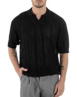Polo Uomo Filo Traforata Scollo V T-Shirt Con Colletto Maniche Corte Lavorata Oversize Spalle Scese Nero GIOSAL-TS3115A