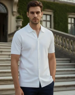 Polo Uomo In Filo Cardigan Bottoni T-Shirt Con Colletto Sottogiacca Bianco TS3021A
