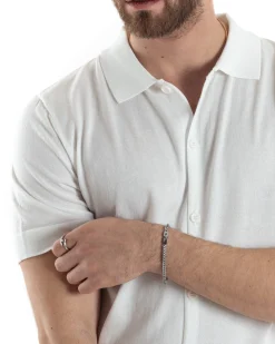 Polo Uomo In Filo Cardigan Bottoni T-Shirt Con Colletto Sottogiacca Bianco TS3021A