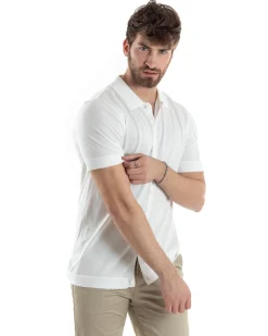 Polo Uomo In Filo Cardigan Bottoni T-Shirt Con Colletto Sottogiacca Bianco TS3021A