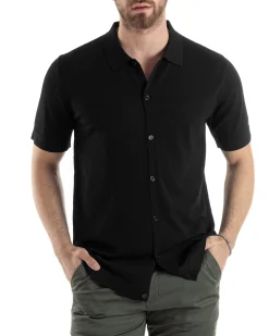 Polo Uomo In Filo Cardigan Bottoni T-Shirt Con Colletto Sottogiacca Nero TS3020A