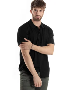 Polo Uomo In Filo Cardigan Bottoni T-Shirt Con Colletto Sottogiacca Nero TS3020A