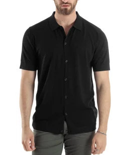 Polo Uomo In Filo Cardigan Bottoni T-Shirt Con Colletto Sottogiacca Nero TS3020A