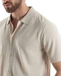 Polo Uomo In Filo Cardigan Bottoni T-Shirt Con Colletto Sottogiacca Beige TS3019A