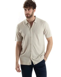 Polo Uomo In Filo Cardigan Bottoni T-Shirt Con Colletto Sottogiacca Beige TS3019A