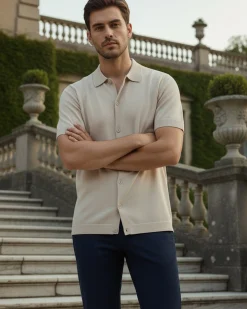 Polo Uomo In Filo Cardigan Bottoni T-Shirt Con Colletto Sottogiacca Beige TS3019A