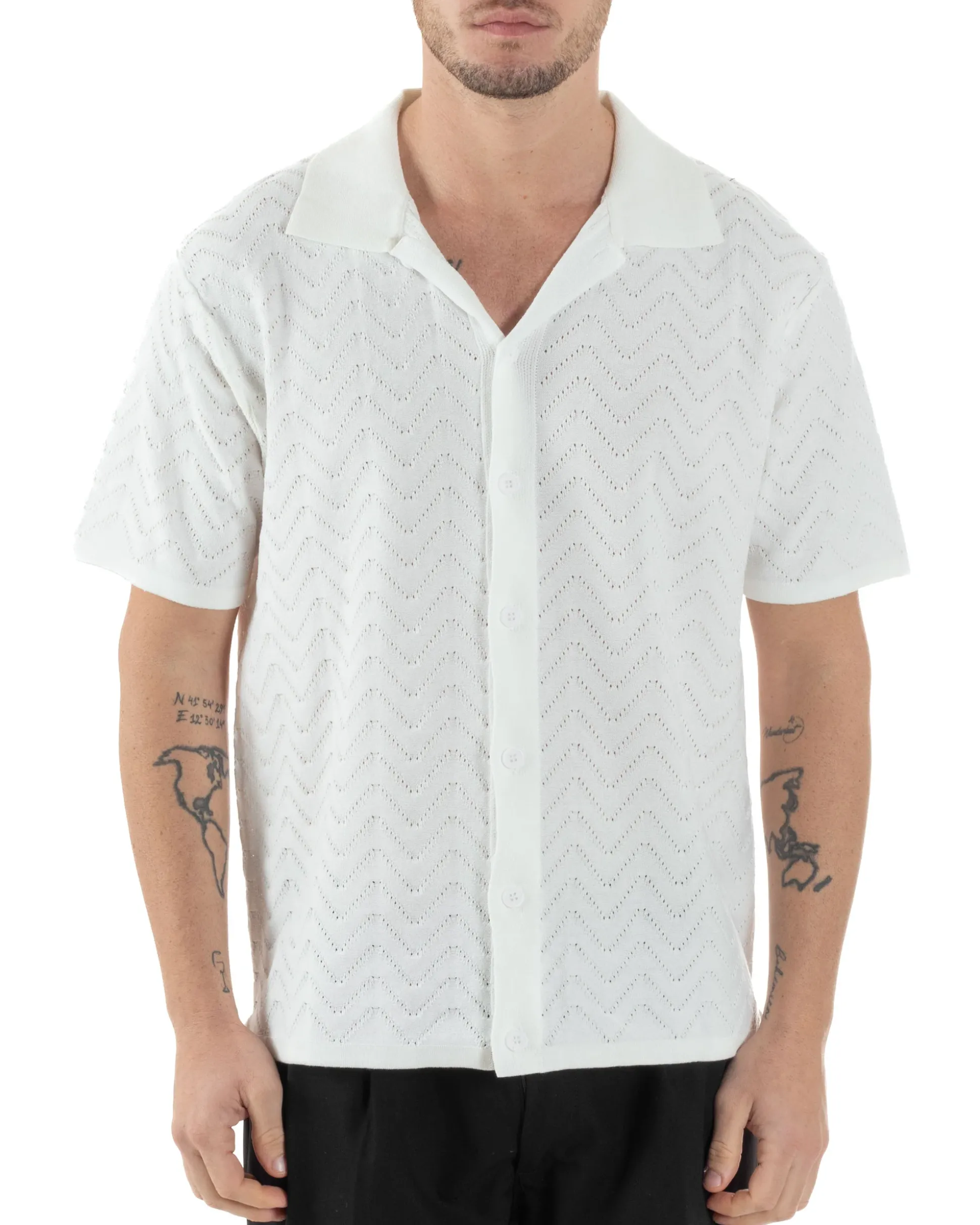 Polo Uomo In Filo Cardigan Con Bottoni T-Shirt Cropped Con Colletto Maglia Boxy Fit Traforata Lavorata Casual Bianco GIOSAL-TS3110A