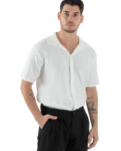 Polo Uomo In Filo Cardigan Con Bottoni T-Shirt Cropped Con Colletto Maglia Boxy Fit Traforata Lavorata Casual Bianco GIOSAL-TS3110A