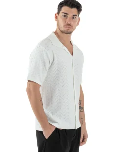 Polo Uomo In Filo Cardigan Con Bottoni T-Shirt Cropped Con Colletto Maglia Boxy Fit Traforata Lavorata Casual Bianco GIOSAL-TS3110A