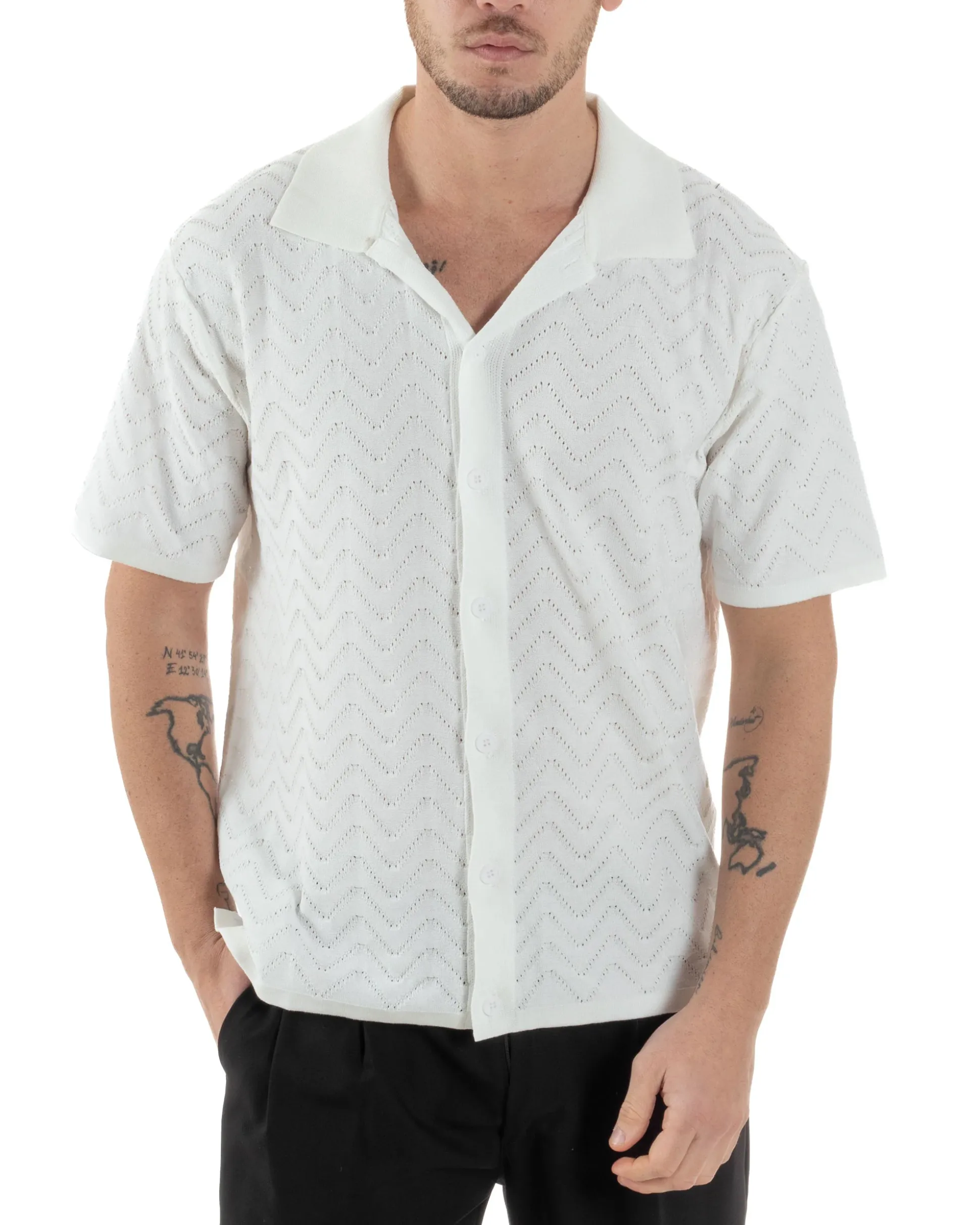 Polo Uomo In Filo Cardigan Con Bottoni T-Shirt Cropped Con Colletto Maglia Boxy Fit Traforata Lavorata Casual Bianco GIOSAL-TS3110A