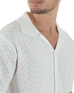 Polo Uomo In Filo Cardigan Con Bottoni T-Shirt Cropped Con Colletto Maglia Boxy Fit Traforata Lavorata Casual Bianco GIOSAL-TS3110A