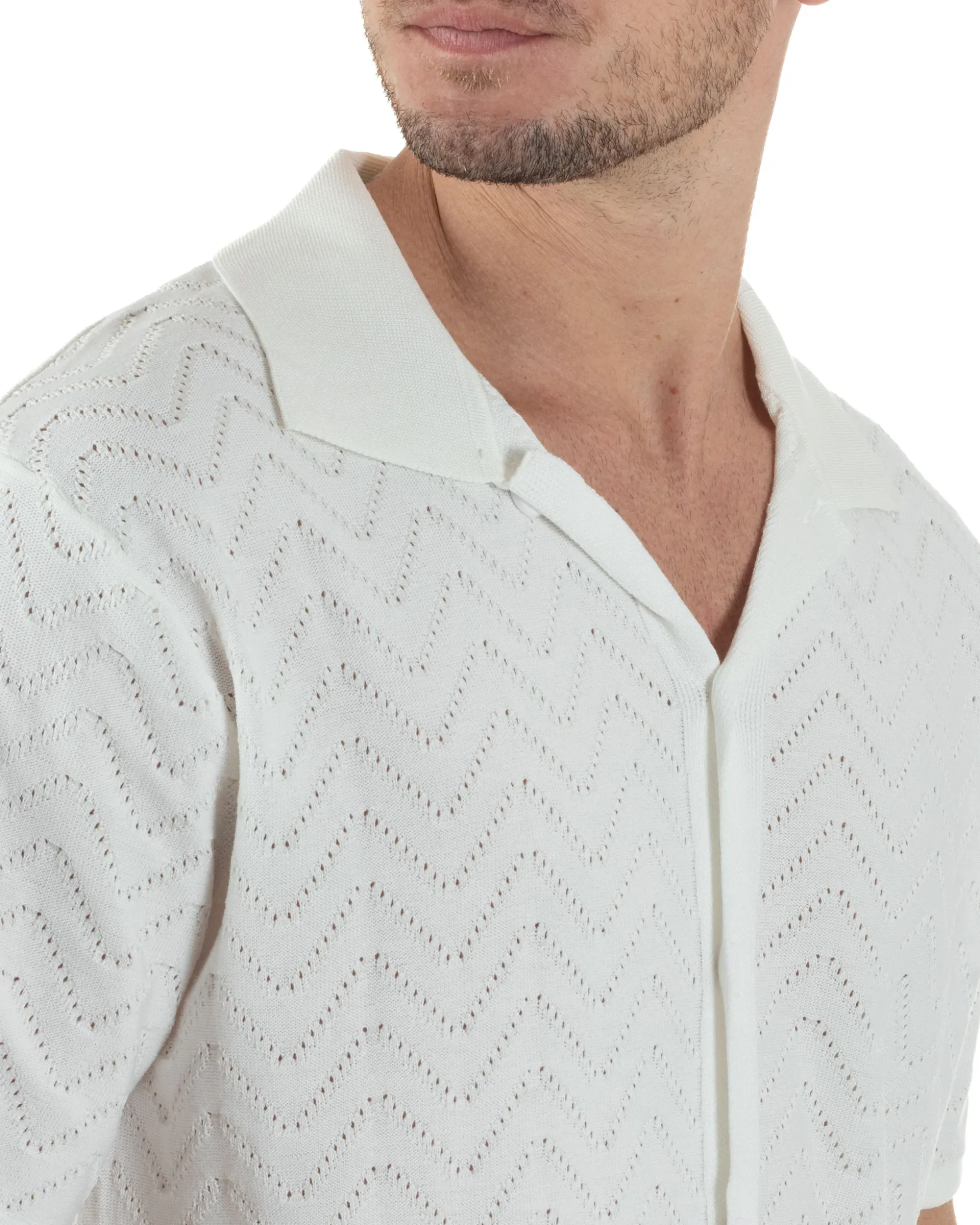 Polo Uomo In Filo Cardigan Con Bottoni T-Shirt Cropped Con Colletto Maglia Boxy Fit Traforata Lavorata Casual Bianco GIOSAL-TS3110A