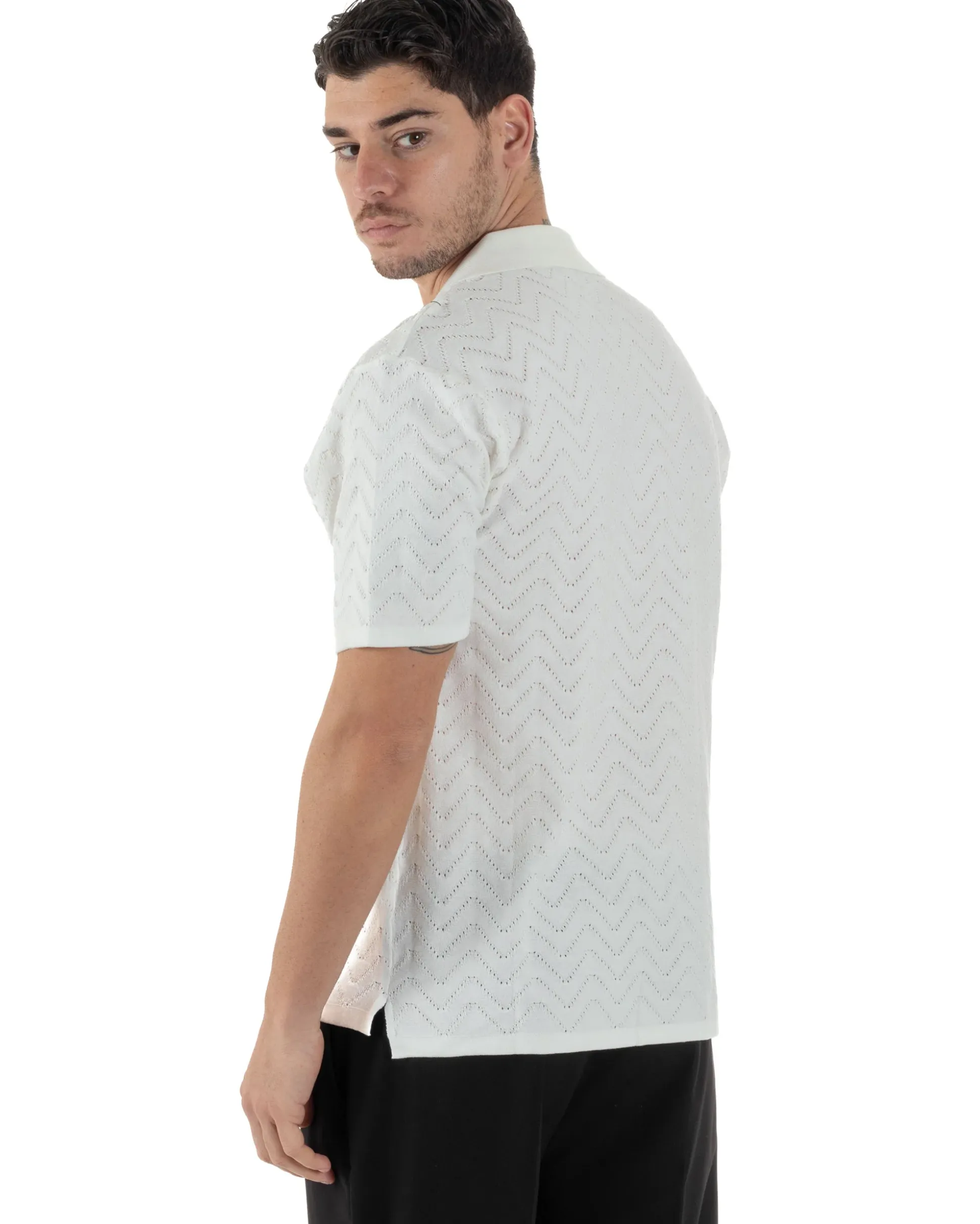 Polo Uomo In Filo Cardigan Con Bottoni T-Shirt Cropped Con Colletto Maglia Boxy Fit Traforata Lavorata Casual Bianco GIOSAL-TS3110A