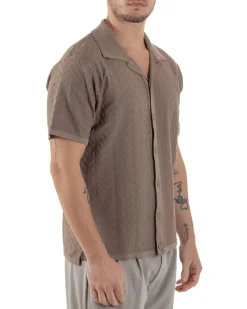 Polo Uomo In Filo Cardigan Con Bottoni T-Shirt Cropped Con Colletto Maglia Boxy Fit Traforata Lavorata Casual Marrone GIOSAL-TS3111A