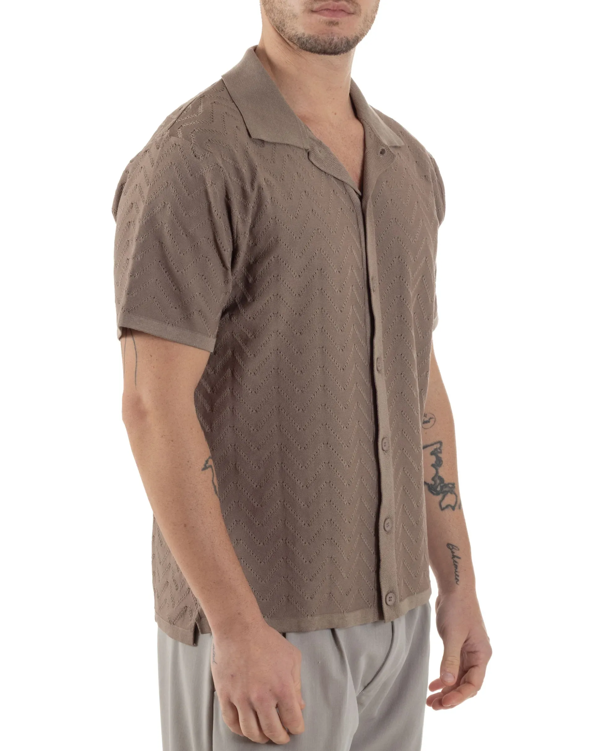 Polo Uomo In Filo Cardigan Con Bottoni T-Shirt Cropped Con Colletto Maglia Boxy Fit Traforata Lavorata Casual Marrone GIOSAL-TS3111A