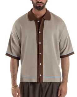 Polo uomo maglia filo boxy oversize colletto con bottoni beige BlackSunday TS3267A