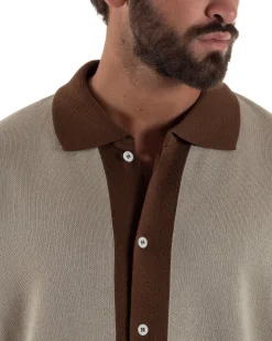 Polo uomo maglia filo boxy oversize colletto con bottoni beige BlackSunday TS3267A