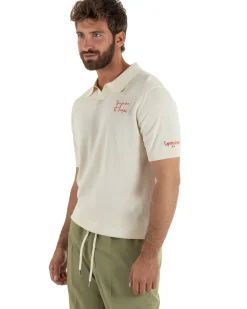 Polo uomo maglia filo leggera con ricami e colletto aperto panna SUPERCULTURE-AK6011