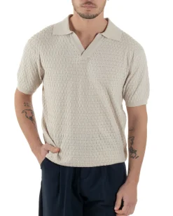 Polo Uomo Scollo V Maglia Lavorata T-Shirt Con Colletto Maniche Corte Tinta Unita Casual Beige GIOSAL-TS3114A