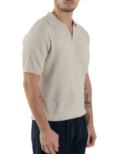 Polo Uomo Scollo V Maglia Lavorata T-Shirt Con Colletto Maniche Corte Tinta Unita Casual Beige GIOSAL-TS3114A