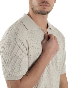 Polo Uomo Scollo V Maglia Lavorata T-Shirt Con Colletto Maniche Corte Tinta Unita Casual Beige GIOSAL-TS3114A
