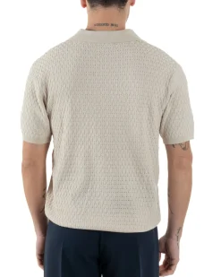 Polo Uomo Scollo V Maglia Lavorata T-Shirt Con Colletto Maniche Corte Tinta Unita Casual Beige GIOSAL-TS3114A